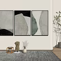 Abstract Paintings On White Wall With Side Table Sculpture Dried Plants And Potted Plant Rug
