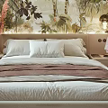Stylish Modern Bedroom Interior With Tropical Leaf Mural Wall Chandelier Built-in Cabinets And Fluffy Rug