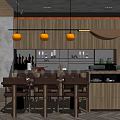 Modern Restaurant Interior With Wooden Walls Hanging Pendant Lights Dining Table Chairs And Bar Counter