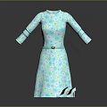 Light Blue Floral Pattern Long Sleeve Dress with Belt and Matching High Heels
