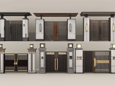Traditional Chinese Main Gate Designs With Wooden Doors Stone Pillars And Lanterns 3d model