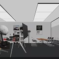 Modern Public Office Space with Windows Blue Curtains Desks Office Chairs Tripod Equipment and Posters