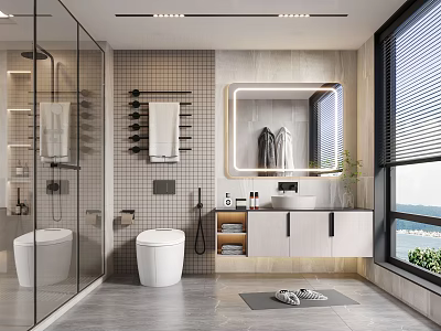 Modern Bathroom Interior Design With Glass Shower White Toilet Towel Rack Mirror Vanity And Window 3d model