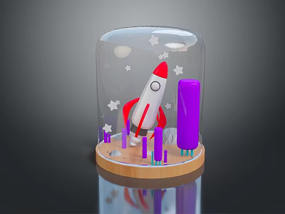 Transparent Glass Dome With Red Rocket Purple Pillars Stars Moon And Wooden Base 3d model