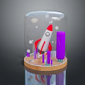 Transparent Glass Dome With Red Rocket Purple Pillars Stars Moon And Wooden Base