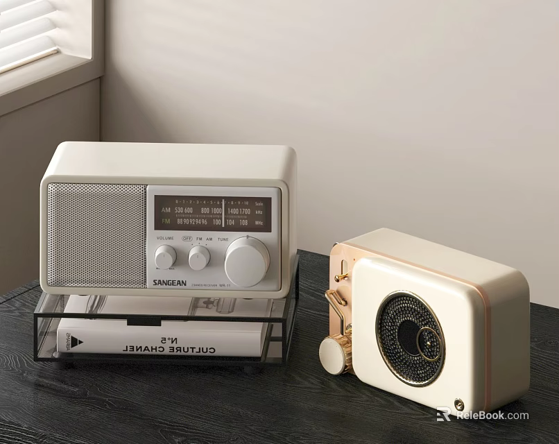 Vintage White Headphone Speaker Set With Retro Radio And Gold Trim Mini Speaker Design 3d model 