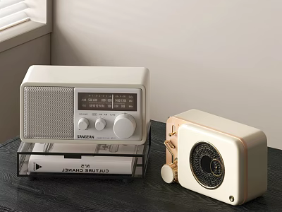 Vintage White Headphone Speaker Set With Retro Radio And Gold Trim Mini Speaker Design 3d model