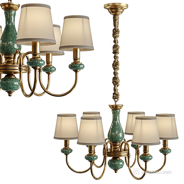 Elegant Brass Chandelier With Green Ceramic Accents And White Lampshades Design 3d model 