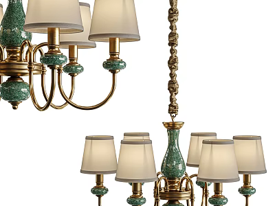 Elegant Brass Chandelier With Green Ceramic Accents And White Lampshades Design 3d model
