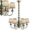 Elegant Brass Chandelier With Green Ceramic Accents And White Lampshades Design