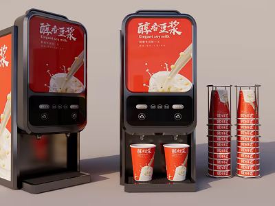 Modern Automatic Soy Milk Dispenser with Red Design and Stacked Paper Cups 3d model