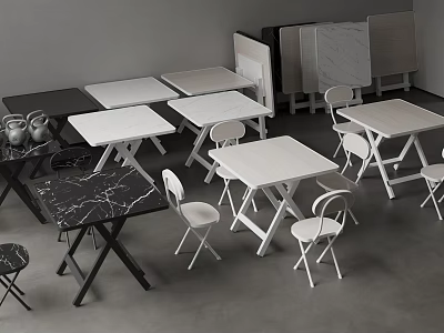 Minimalist Table and Chair Sets with Marble Tops and Various Colors in Showroom 3d model