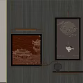 Chinese Style Golden Framed Wall Art With Red Architecture Gray Crane And Moon