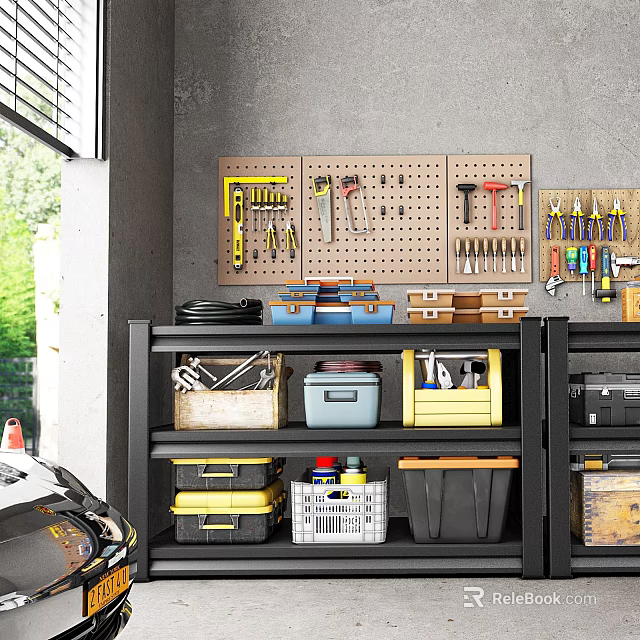 Organized Garage Workshop With Pegboard Hanging Tools And Storage Bins On Shelves 3d model
