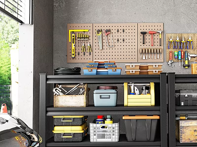 Organized Garage Workshop With Pegboard Hanging Tools And Storage Bins On Shelves 3d model