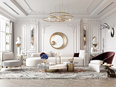 Elegant Living Room Interior With Ornate Ceiling Gold Chandeliers Round Mirror White Sofa Geometric Rug 3d model