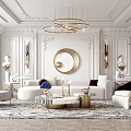 Elegant Living Room Interior With Ornate Ceiling Gold Chandeliers Round Mirror White Sofa Geometric Rug