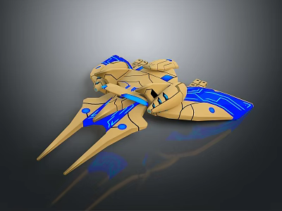 Futuristic Golden And Blue Spaceship Model With Streamlined Design And Glowing Elements 3d model