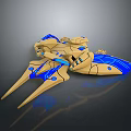 Futuristic Golden And Blue Spaceship Model With Streamlined Design And Glowing Elements