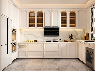 Modern Kitchen Interior Design With White Glass Door Cabinets Marble Countertops And Appliances 3d model