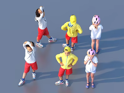 Group of Kids in Yellow Jackets Red Shorts and Helmets Posing Actively 3d model