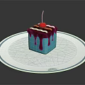 Blue Square Cake With Chocolate Drizzle And Cherry On White Plate With Lace Doily
