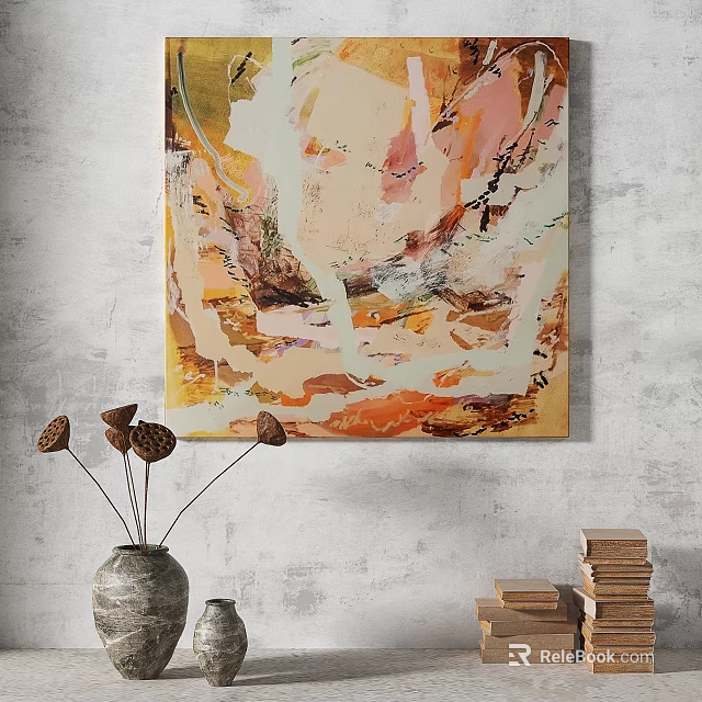 Vibrant Abstract Painting With Orange Pink Beige Hues On Wall With Fluid Brushstrokes 3d model 