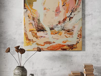Vibrant Abstract Painting With Orange Pink Beige Hues On Wall With Fluid Brushstrokes 3d model