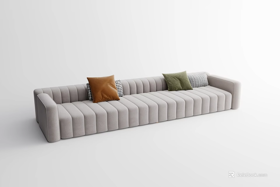 Modern Three Seater Sofa With Vertical Tufted Design And Colored Throw Pillows 3d model
