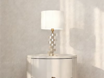 White Minimalist Bedside Table With Gold Geometric Base Table Lamp And White Lampshade 3d model