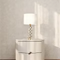White Minimalist Bedside Table With Gold Geometric Base Table Lamp And White Lampshade