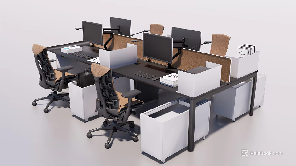 Modern Office Workspace With Multiple Desks Monitors Ergonomic Chairs Dividers And White Storage Units 3d model 