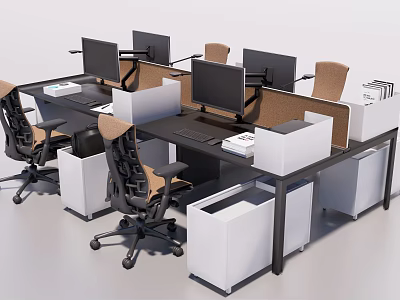 Modern Office Workspace With Multiple Desks Monitors Ergonomic Chairs Dividers And White Storage Units 3d model
