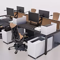 Modern Office Workspace With Multiple Desks Monitors Ergonomic Chairs Dividers And White Storage Units
