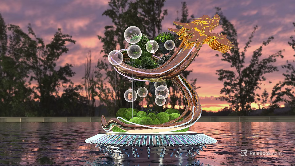 Art Installation with Golden Dragon Sculpture Transparent Bubbles Green Plants on Water Surface at Sunset 3d model 