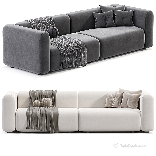 Modern Gray And White Double Sofa With Decorative Pillows And Knitted Blanket 3d model 
