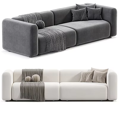 Modern Gray And White Double Sofa With Decorative Pillows And Knitted Blanket 3d model