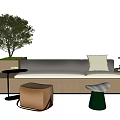 Modern Public Chair Design With Wooden Frame Fabric Cushion Green Plant And Stools