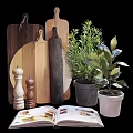 Stylish Decorative Ornament Set With Wooden Boards Pepper Grinders Potted Plants And Open Book