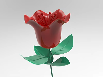 Red Rose Shaped Decorative Ornament Set With Green Leaves And Metallic Design 3d model