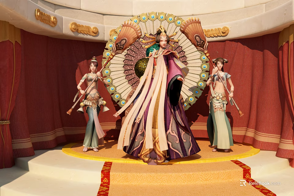 Game Movie Characters In Traditional Long Dresses With Ornate Peacock Screen Red Curtains Gold Stage 3d model 