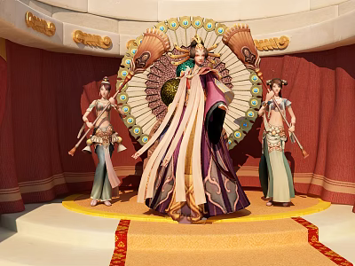 Game Movie Characters In Traditional Long Dresses With Ornate Peacock Screen Red Curtains Gold Stage 3d model