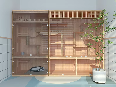 Multi Level Wooden Cat Tree With Glass Door Featuring Resting Cat And Green Plant 3d model