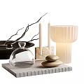 Decorative Ornament Set Featuring Wooden Tray Branches Candles Table Lamp Mugs Glass Cloche And Seashell