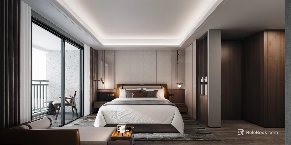 Modern Hotel Room Interior With Large Bed Nightstands And Floor to Ceiling Windows 3d model 