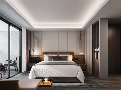 Modern Hotel Room Interior With Large Bed Nightstands And Floor to Ceiling Windows 3d model