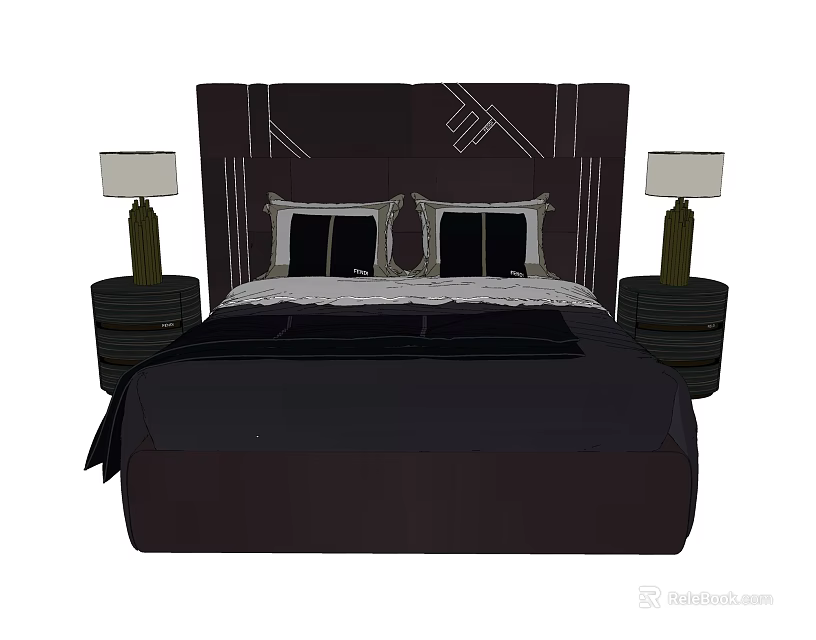 Dark Background Double Bed with Geometric Decorative Headboard Side Nightstands and Table Lamps 3d model