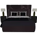 Dark Background Double Bed with Geometric Decorative Headboard Side Nightstands and Table Lamps 3d model