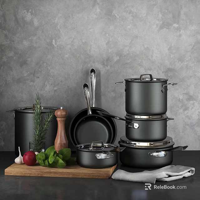 Sleek Black Cookware Set With Wooden Pepper Grinder Fresh Herbs Garlic And Wooden Cutting Board 3d model 