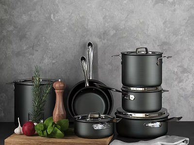 Sleek Black Cookware Set With Wooden Pepper Grinder Fresh Herbs Garlic And Wooden Cutting Board 3d model